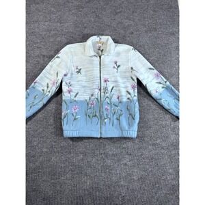 Cottage core Floral Fleece Full‎ Zip Cardigan Sweater Embroidered Blue White S